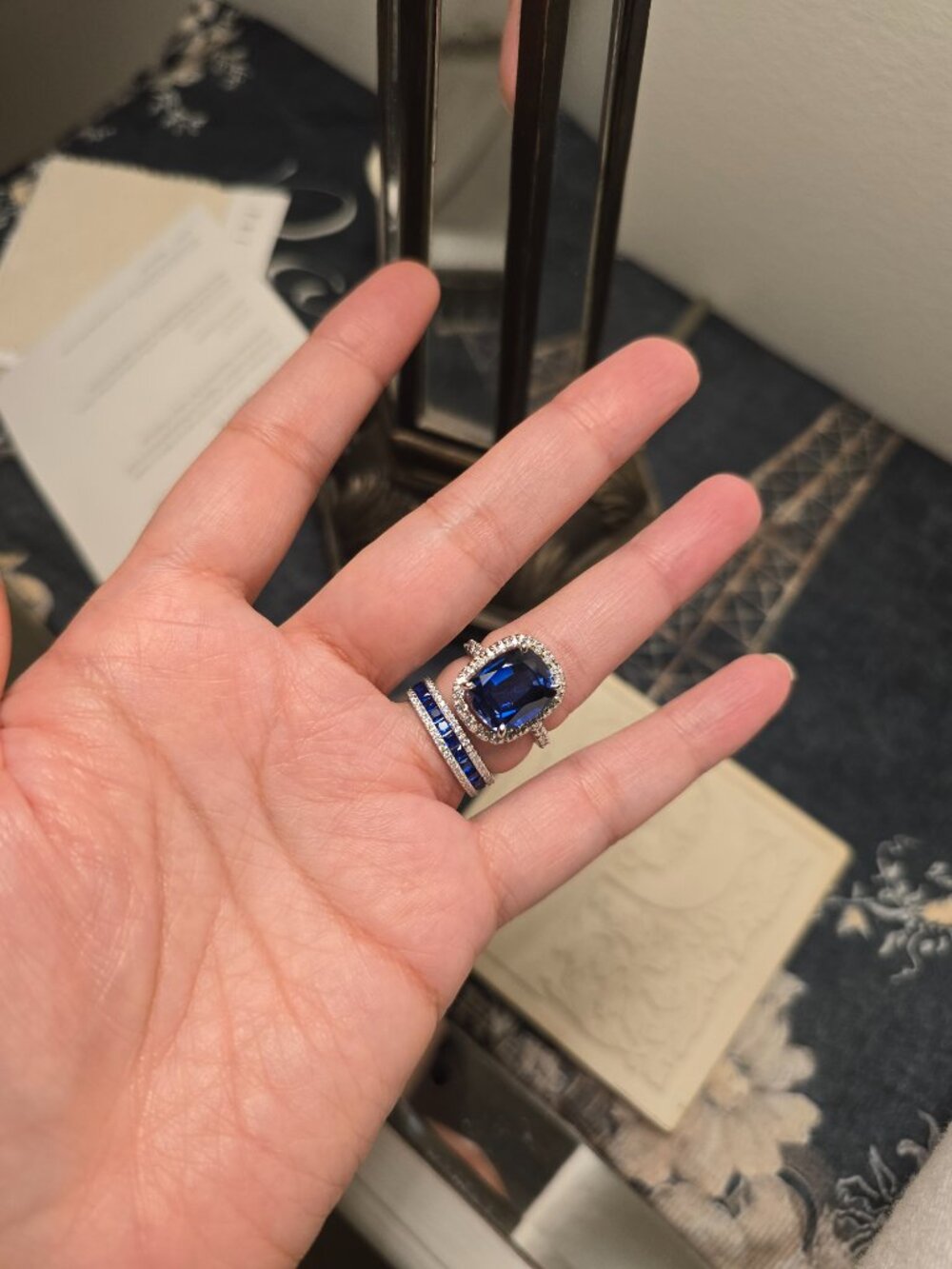 14k white gold 5ct Lab sapphire halo ring